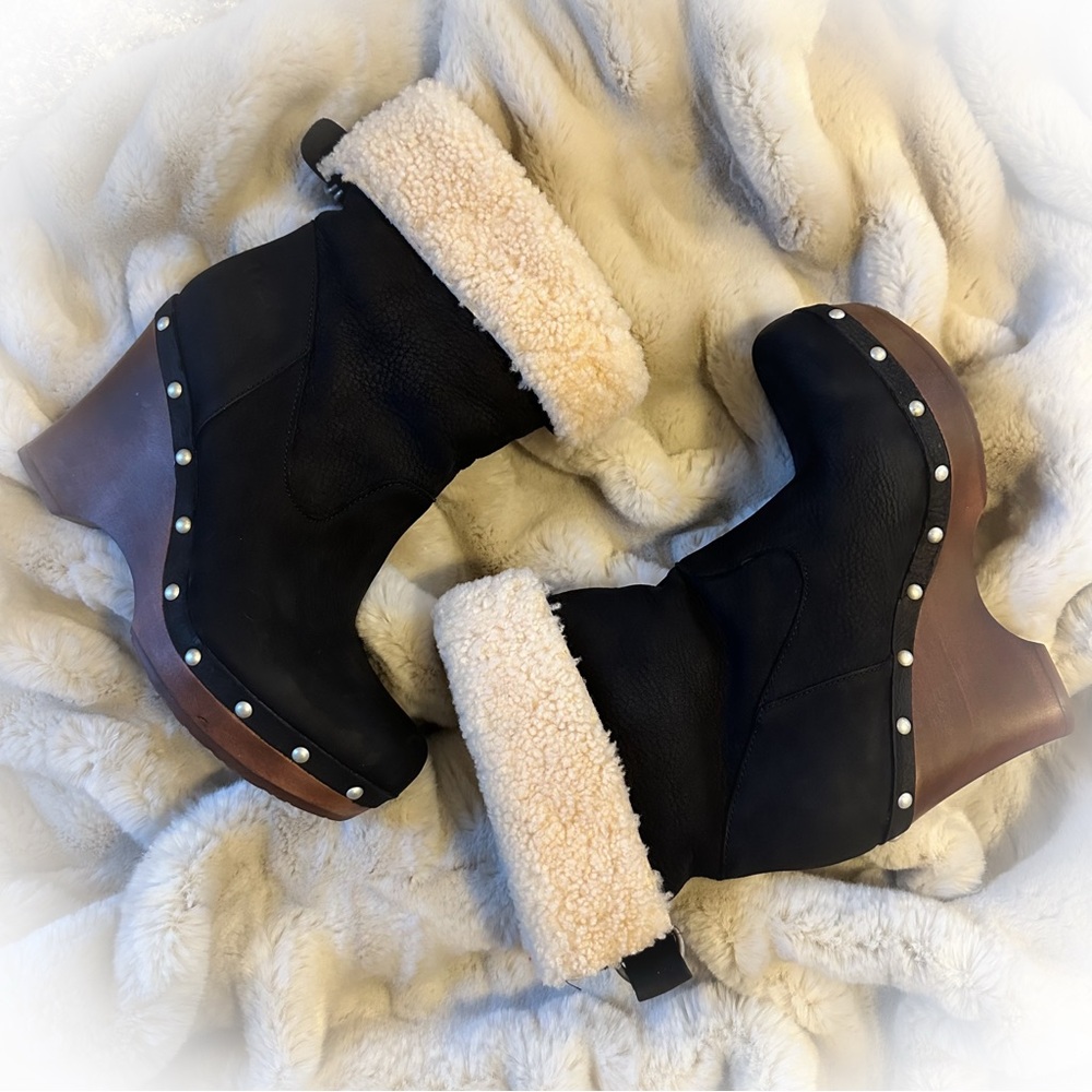 UGG Carnagie Black Leather Sheepskin Studded Wedge Fold Over Boot